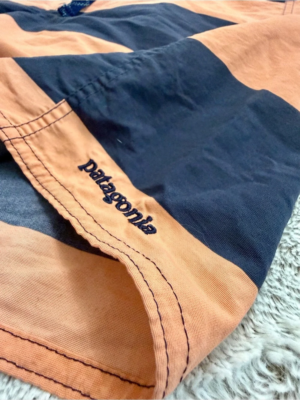 Patagonia Men’s Orange and Navy Wide-Stripe Swim Trunks